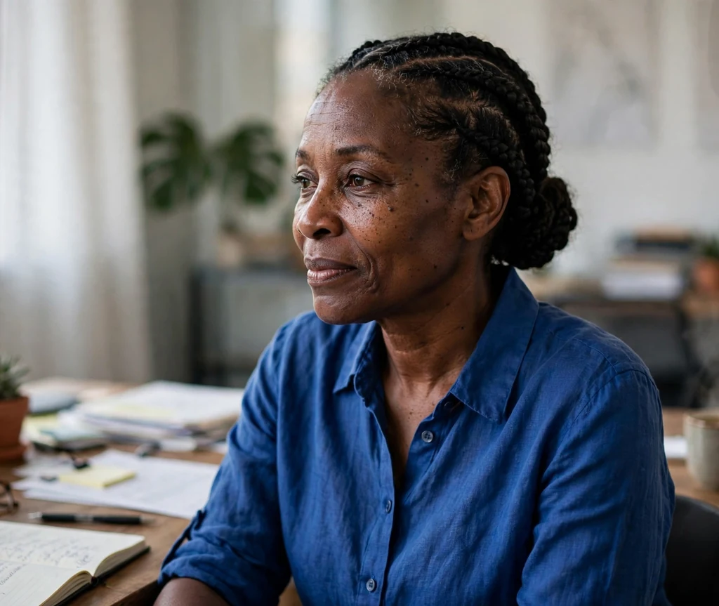 Black woman in her 50s with a cornrow bun updo at an office desk
