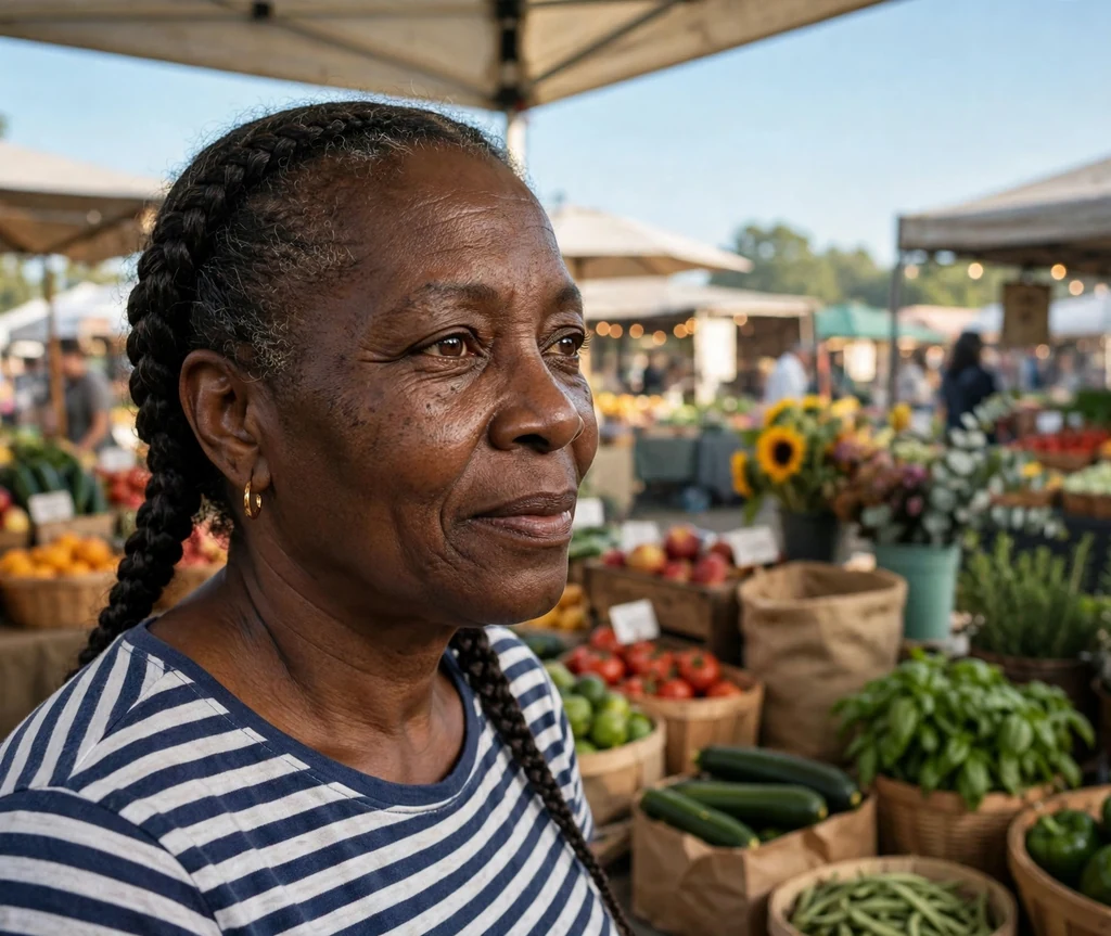 Black woman over 50 with double French braids at a farmers market
