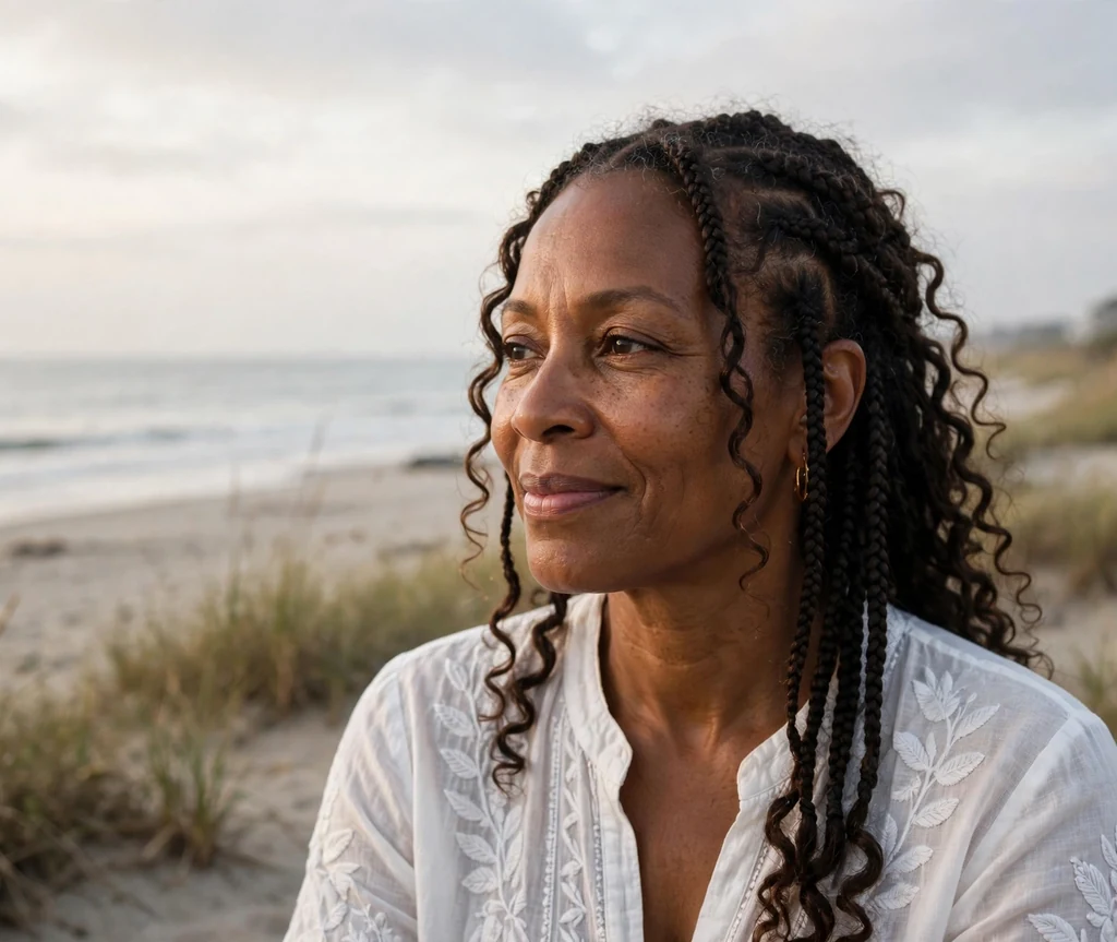 Black woman in her 50s with boho knotless braids at the beach