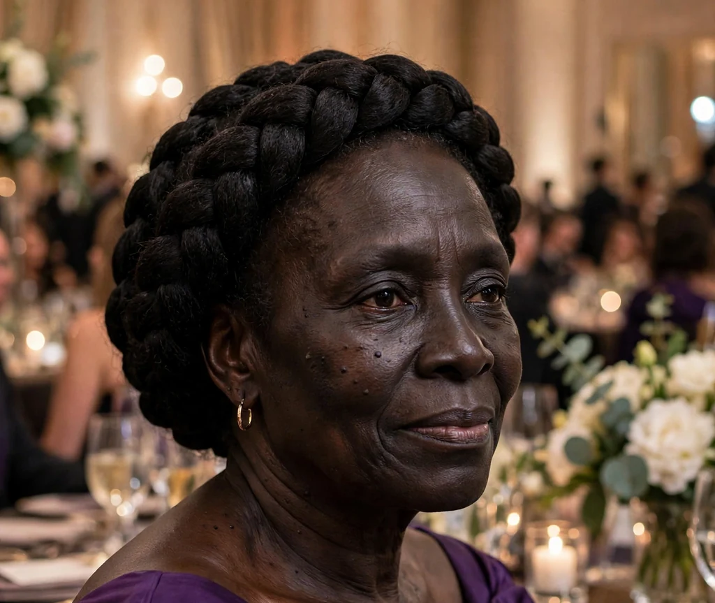 Older Black woman with regal crown braids at a gala