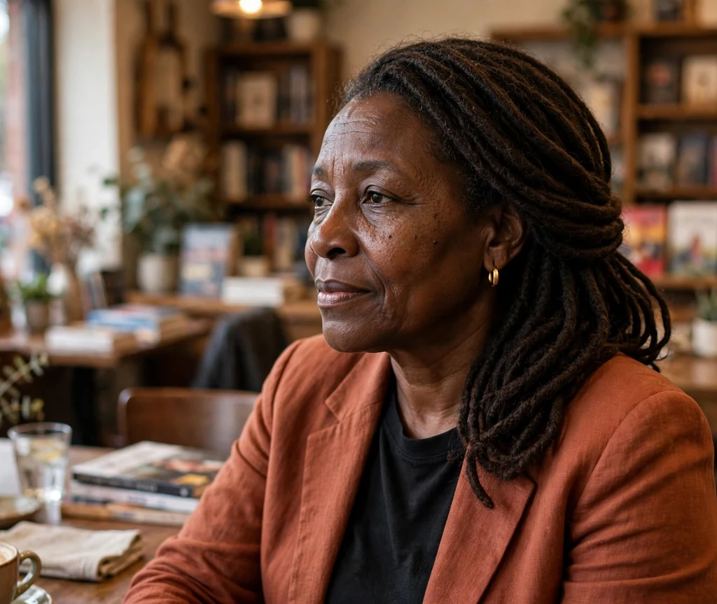 Black woman in her 50s with shoulder-swept faux locs in a bookstore cafe