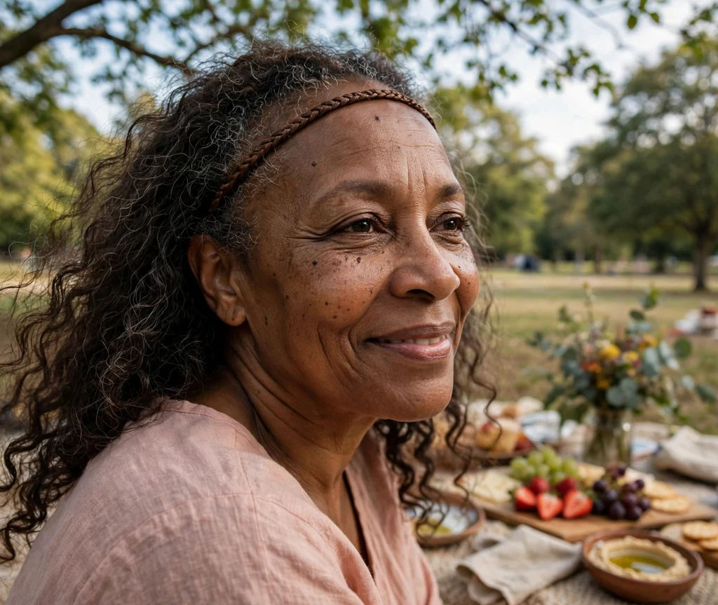 Black woman over 50 with a braided headband style at a park picnic