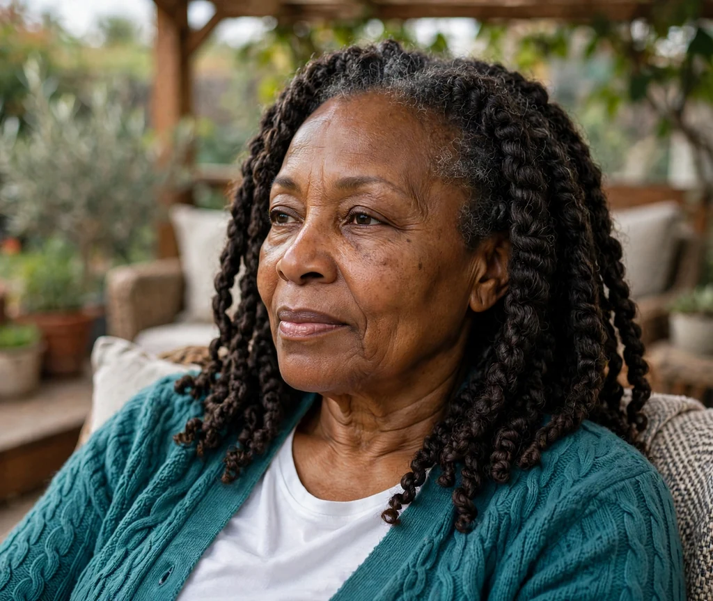 Older Black woman with soft jumbo twists on a home patio