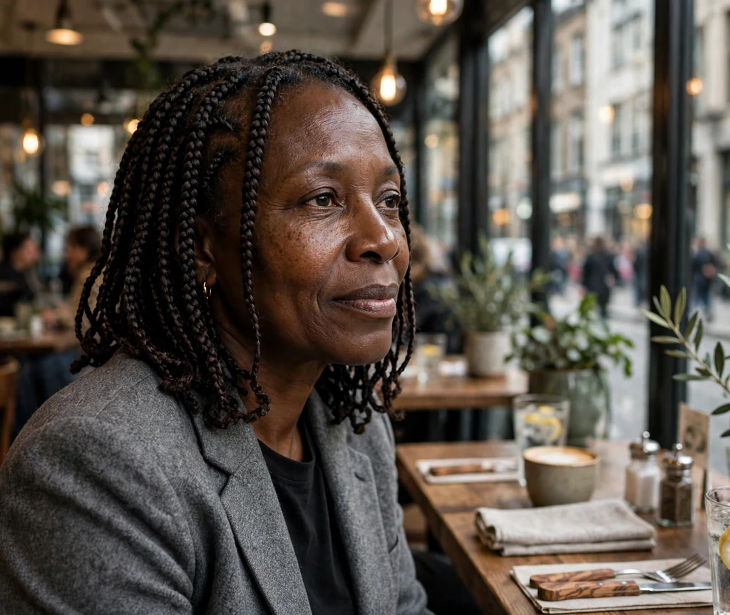 Black woman in her 50s with an elegant braided lob at a city cafe