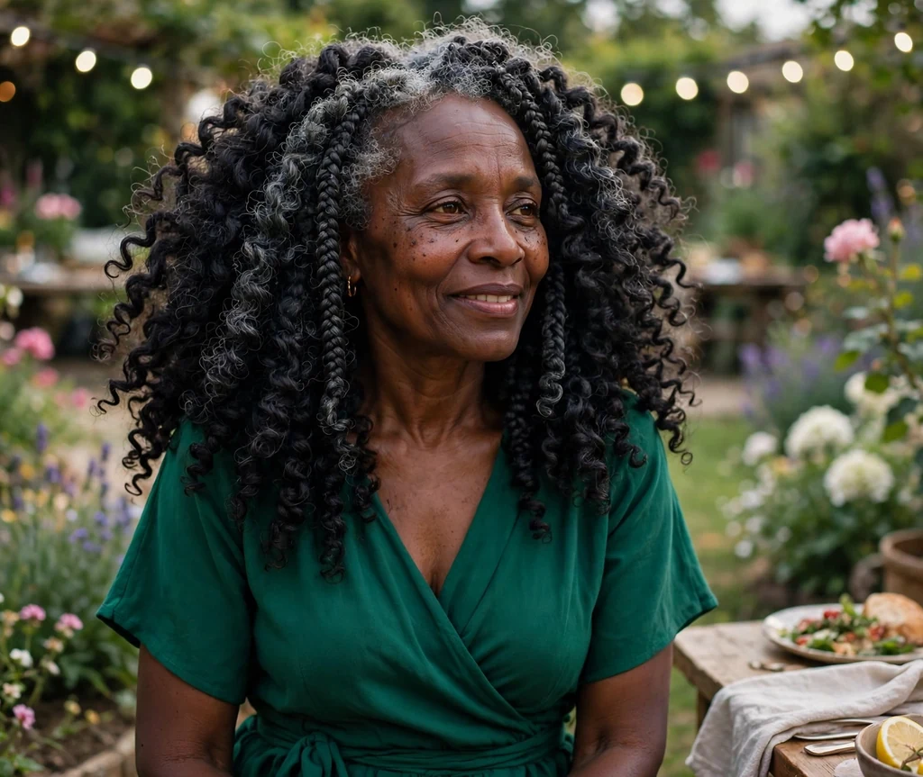 Black woman over 50 with curly crochet braids at a garden party