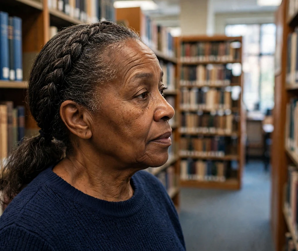 Older Black woman with a French braid low ponytail in a library