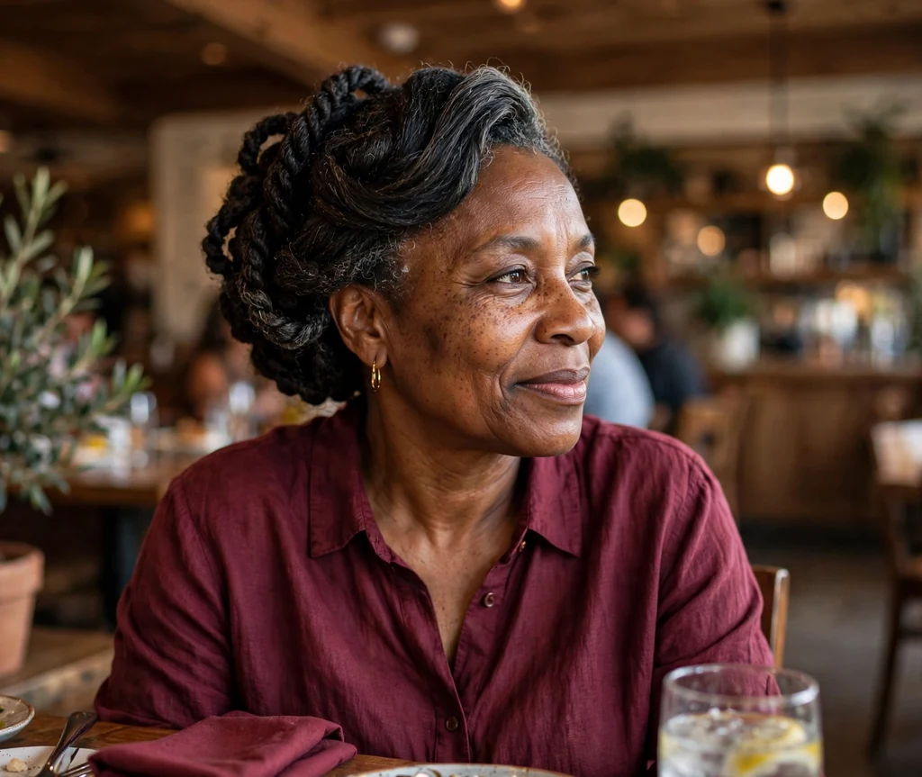 Black woman in her 50s with a twisted side updo at a restaurant