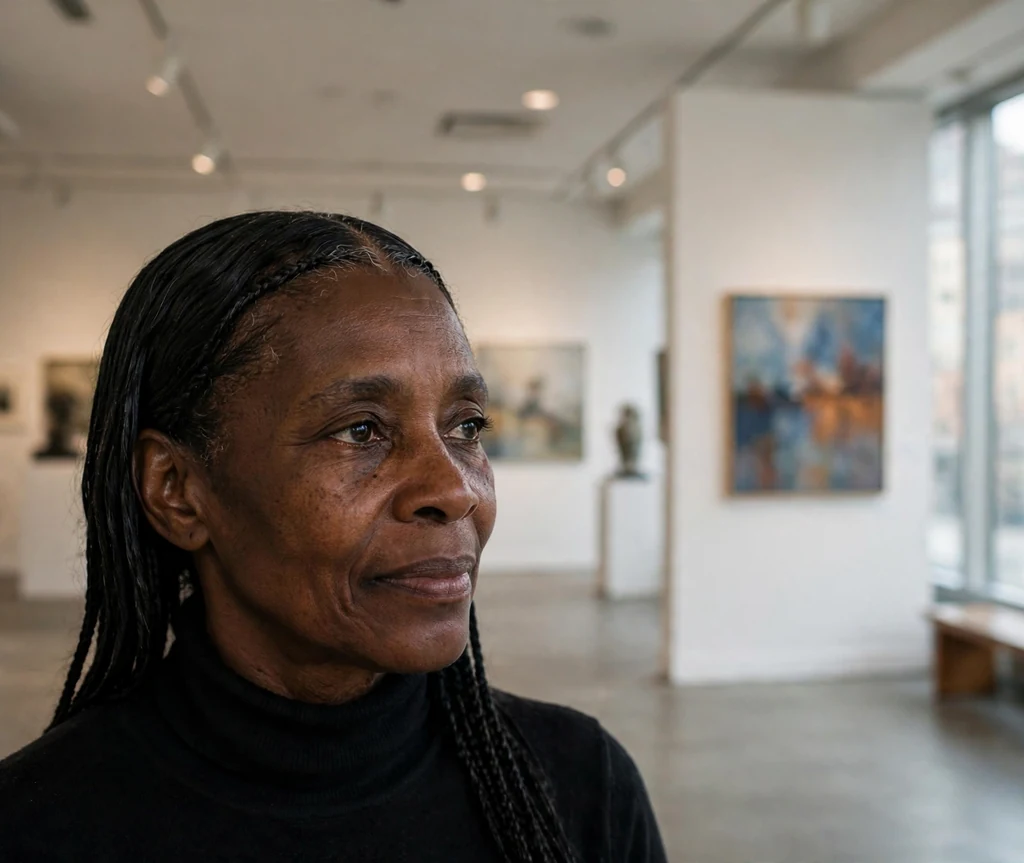 Black woman over 50 with sleek center-part stitch braids at an art gallery