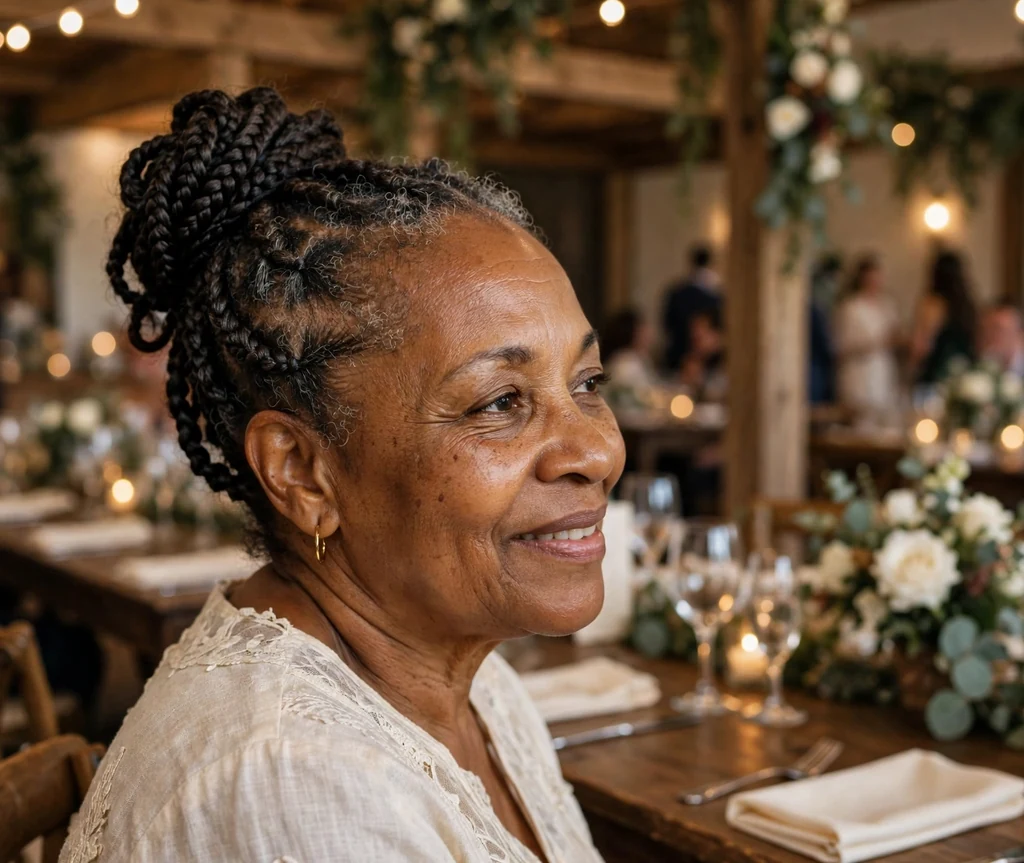Older Black woman with a braided high bun at a wedding reception