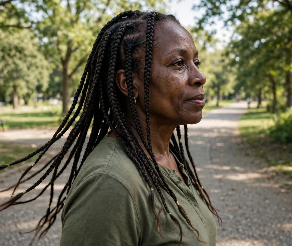 Black woman in her 50s with layered feed-in braids on a park path