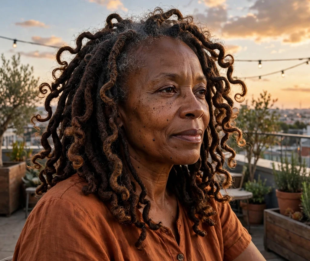 Black woman over 50 with elegant butterfly locs on a rooftop terrace