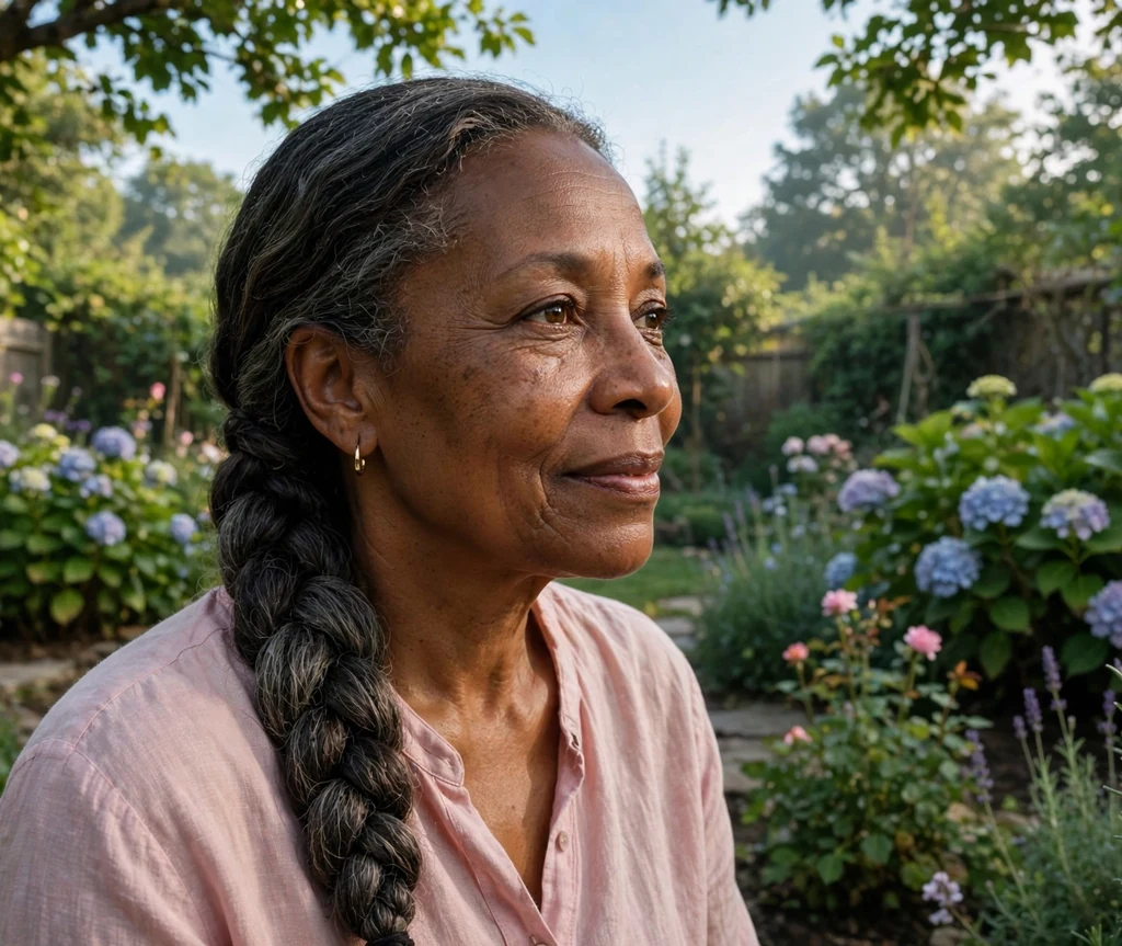Older Black woman with a classic plaited ponytail in a morning garden