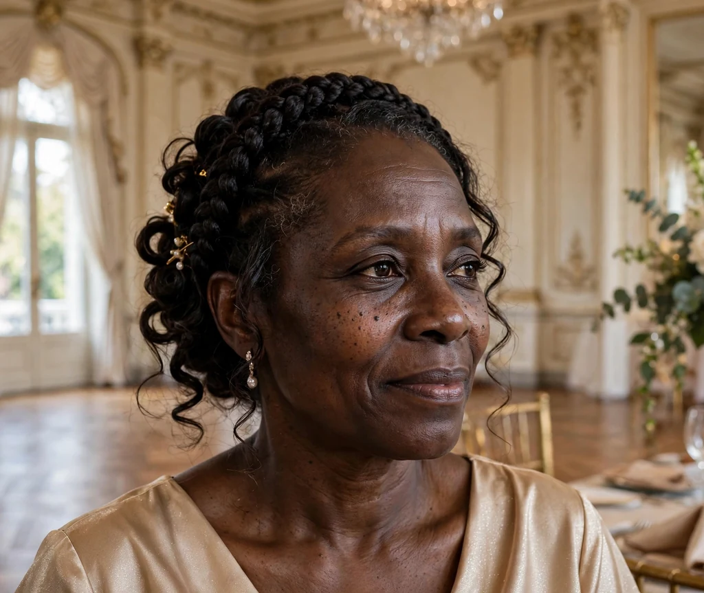 Black woman in her 50s with a timeless braided crown updo in a ballroom