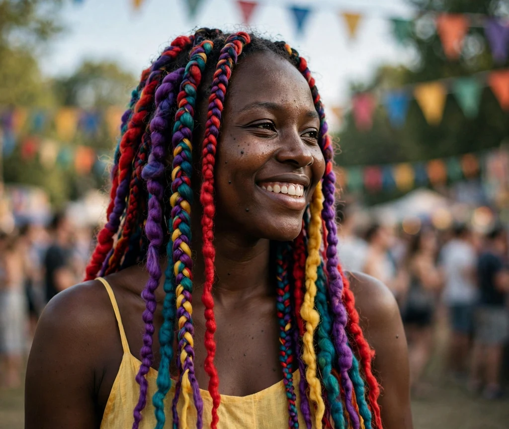 Smiling Black woman with long colorful Brazilian wool yarn braids at an outdoor festival