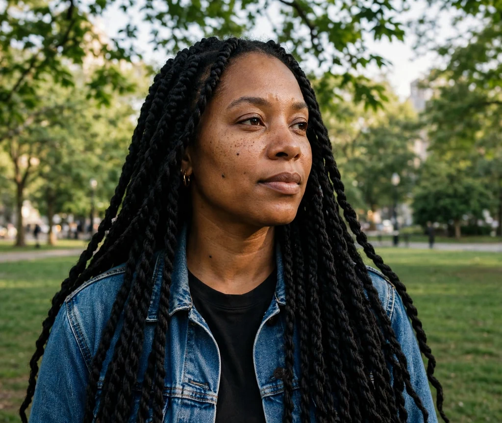 Black woman with classic long black Brazilian wool yarn braids in a city park