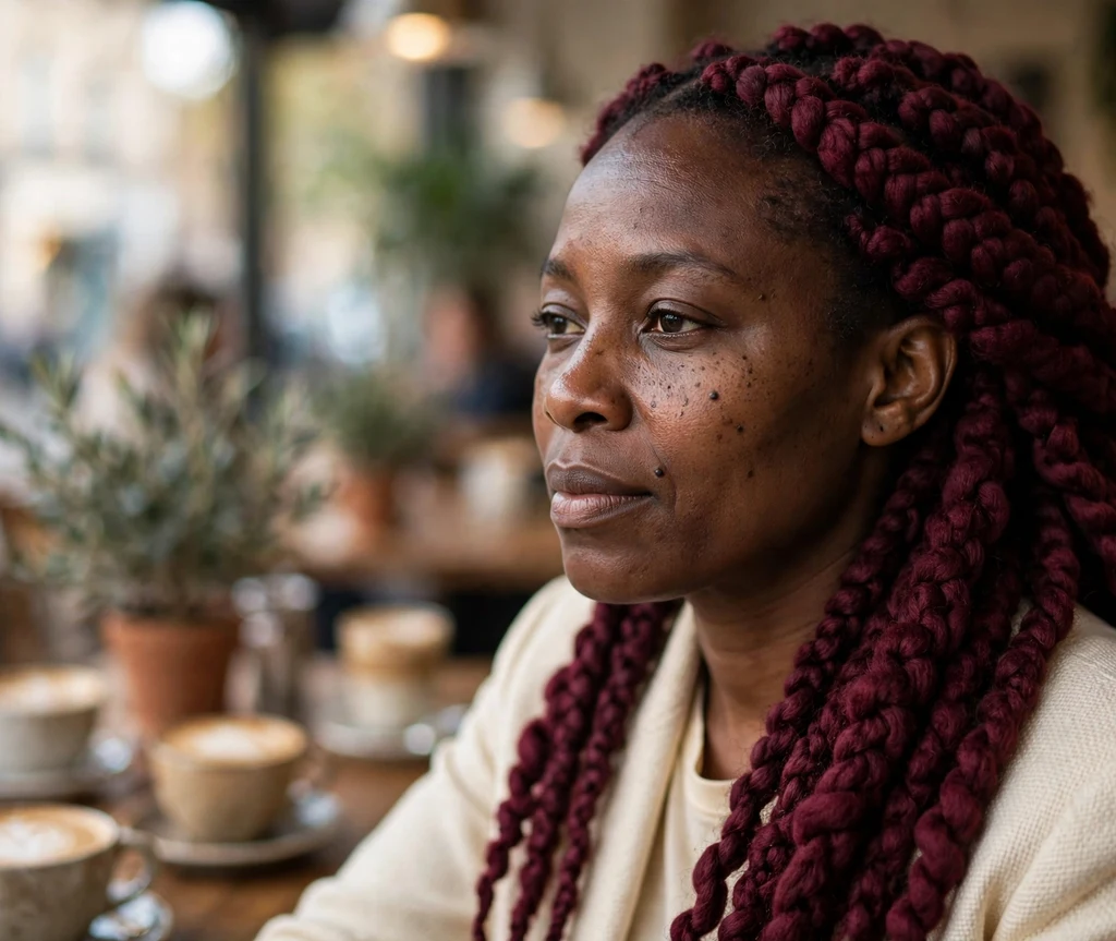 Black woman in her 30s with deep burgundy Brazilian wool yarn braids at a café