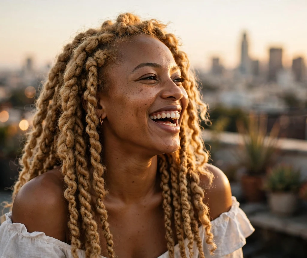 Black woman with honey blonde Brazilian wool twists at a rooftop party