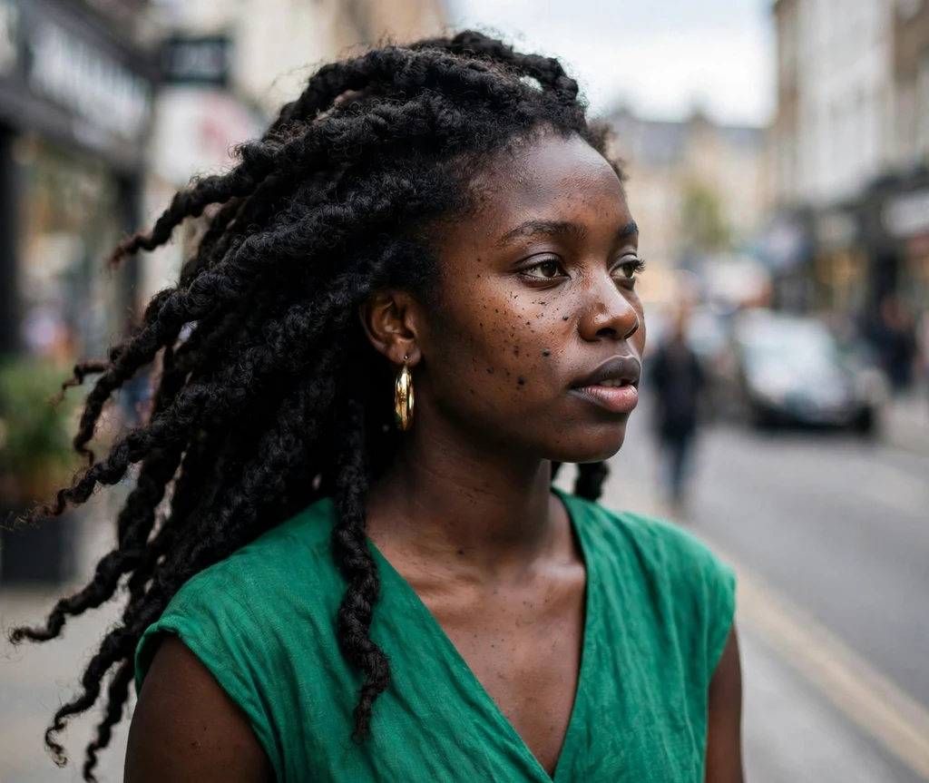 Black woman in her 20s with chunky jumbo Brazilian wool twists on a city street