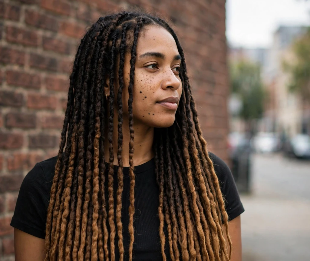 Black woman with waist-length ombré Brazilian wool yarn braids fading from black to brown
