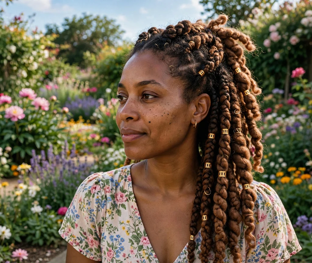 Black woman with half-up Brazilian wool braids decorated with gold cuffs in a garden