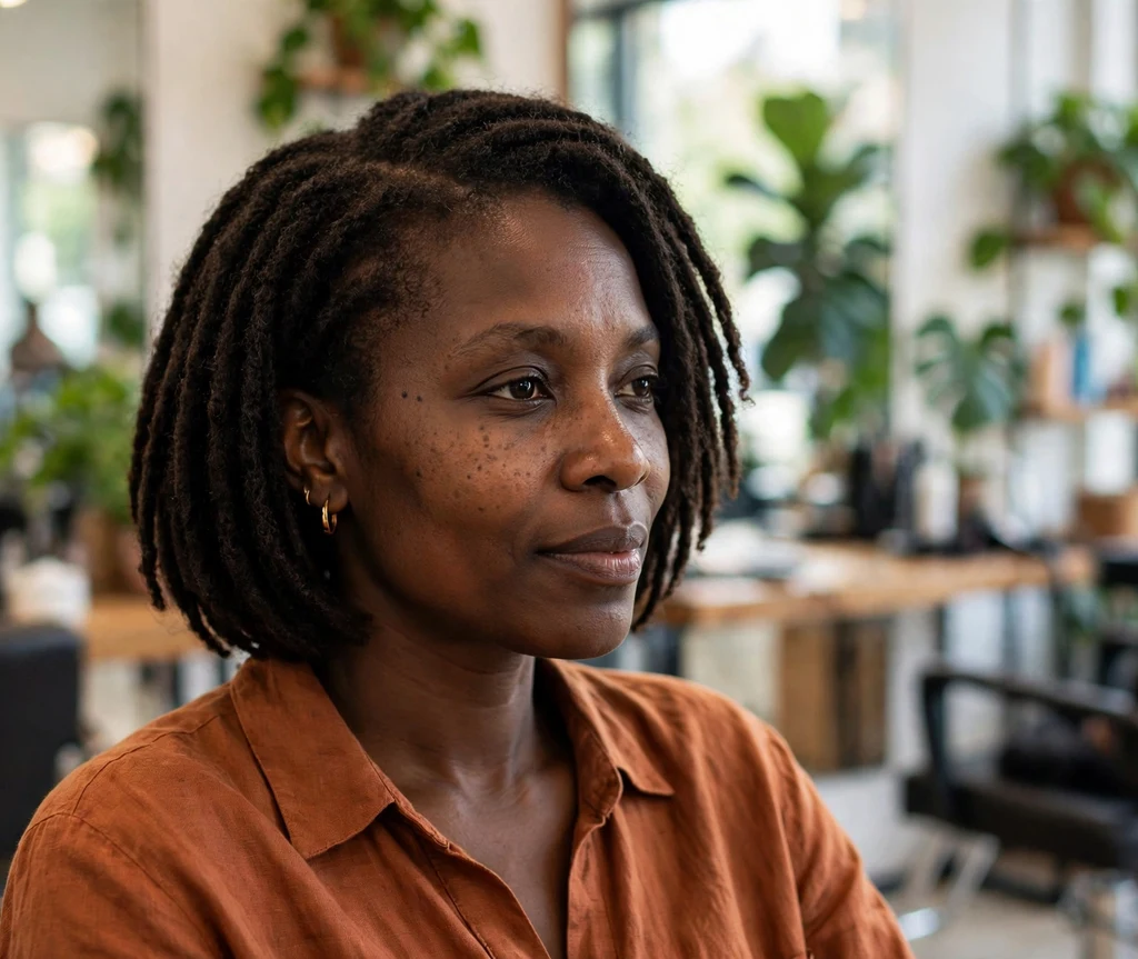 Black woman in her 30s with short bob-length Brazilian wool twists at a salon