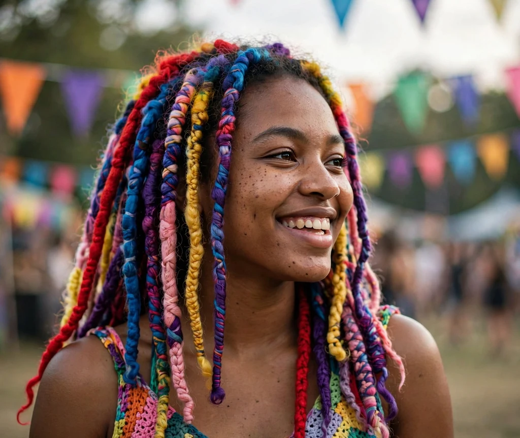 Black woman with rainbow colored Brazilian wool faux locs at a summer festival