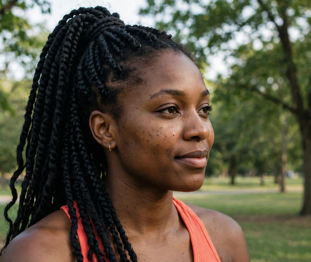 Black woman with long Brazilian wool braids styled in a high ponytail outdoors