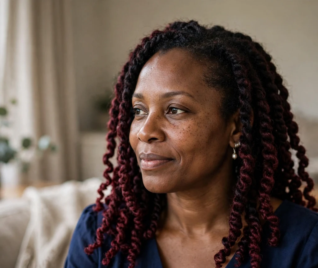 Black woman in her 40s with burgundy and black two-tone Brazilian wool twists