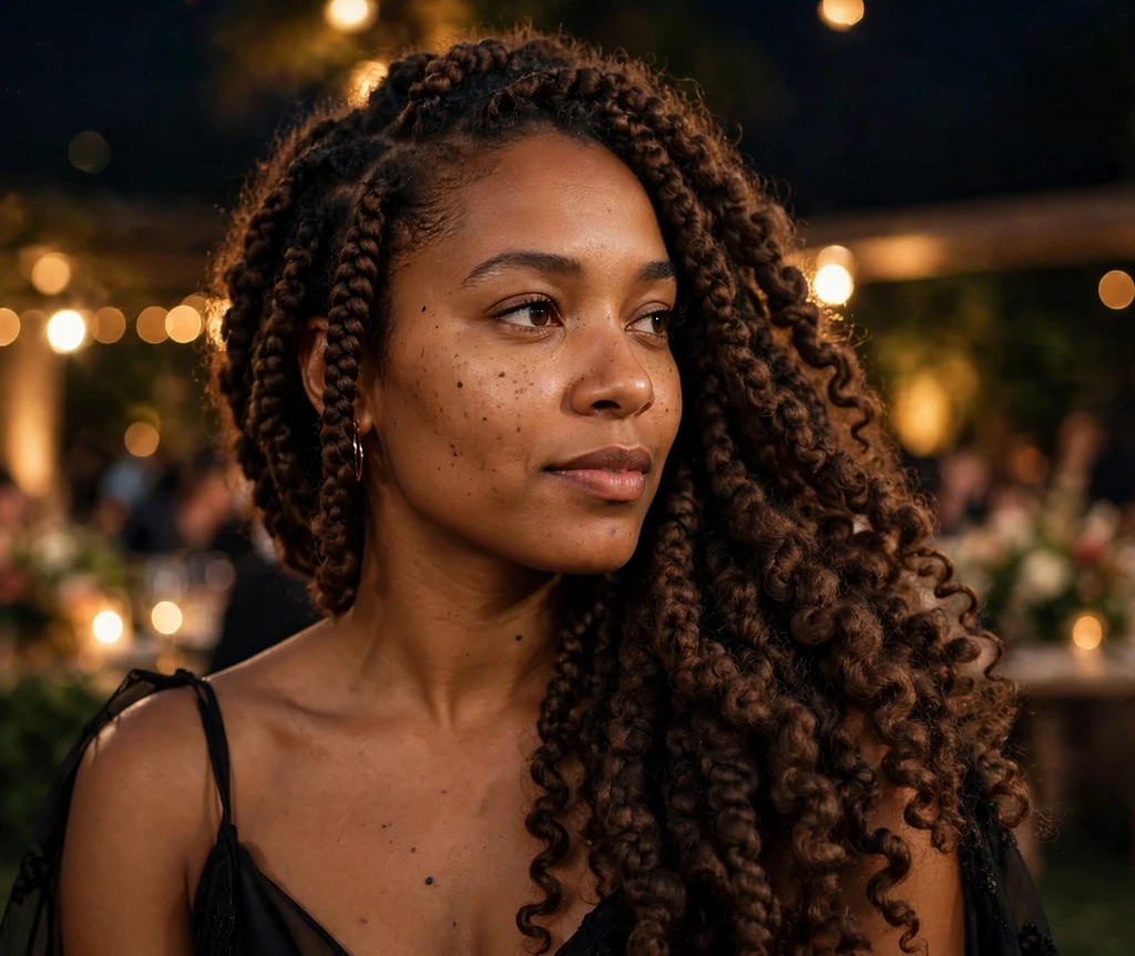 Black woman with side-swept curly Brazilian wool yarn braids at an evening event