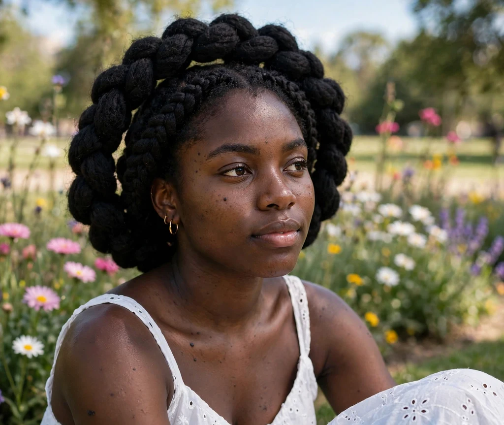 Black woman in her 20s with a Brazilian wool crown braid updo in a park