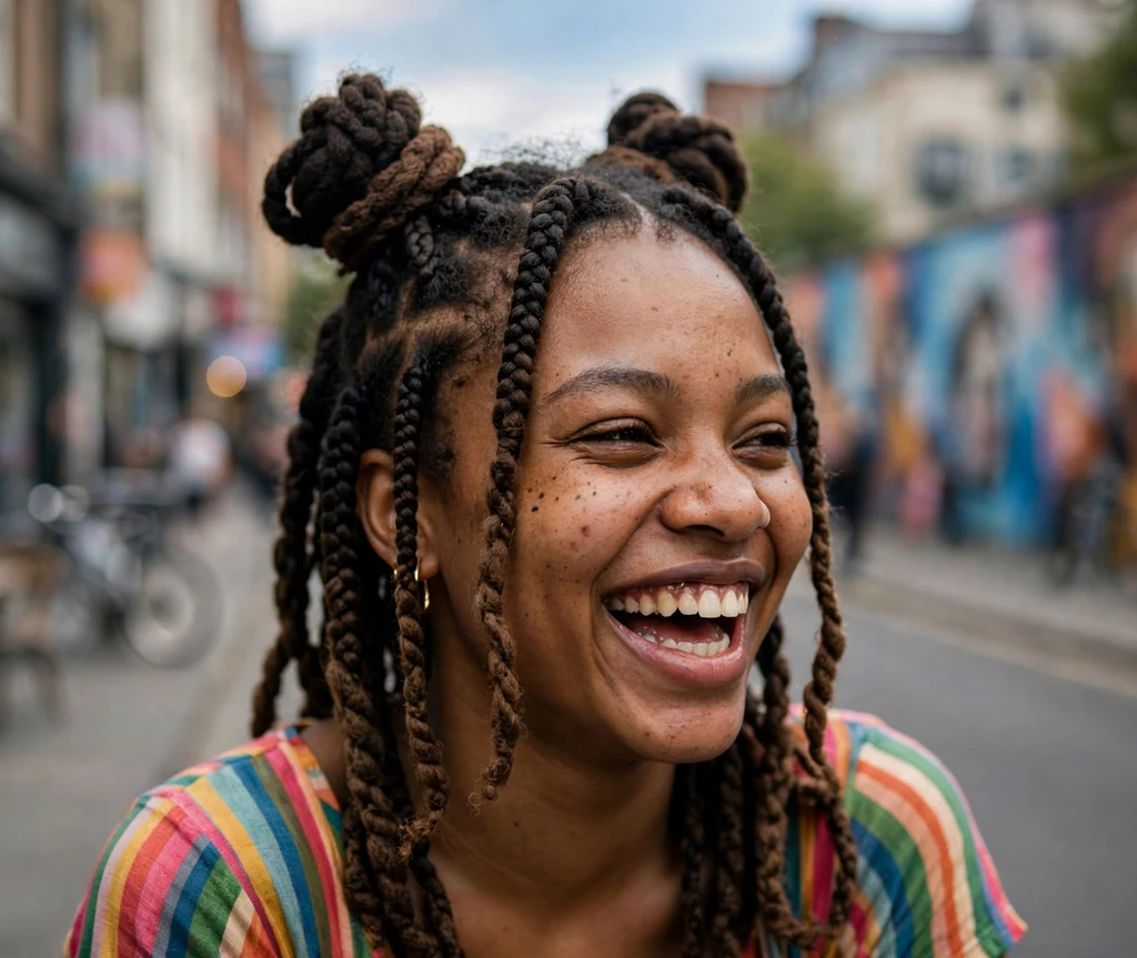 Black woman with Brazilian wool yarn braids styled in two playful space buns