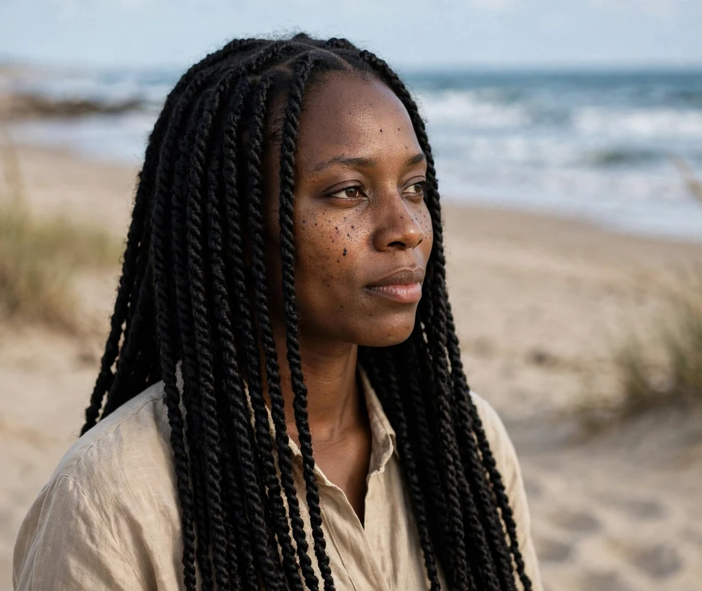 Black woman with long Senegalese-style Brazilian wool twists on a beach