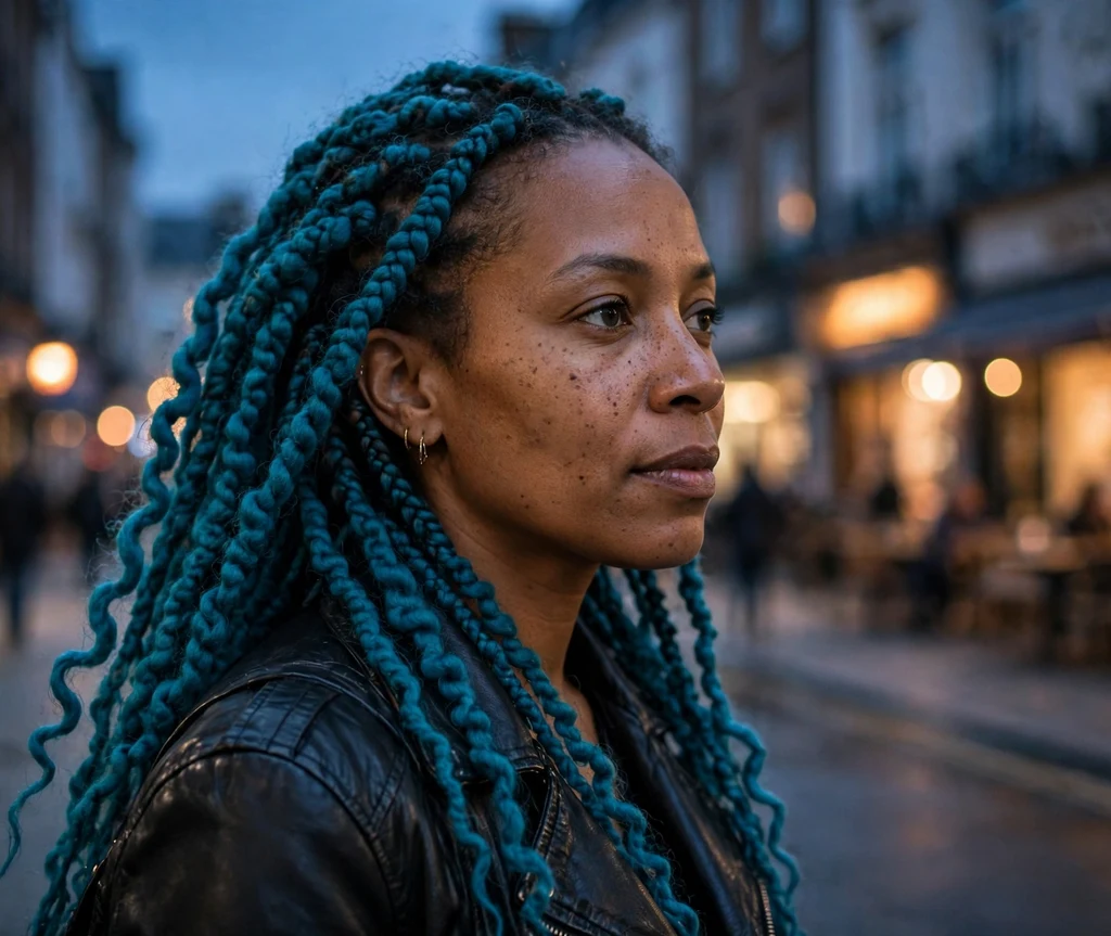 Black woman in her 30s with teal blue Brazilian wool braids in the city