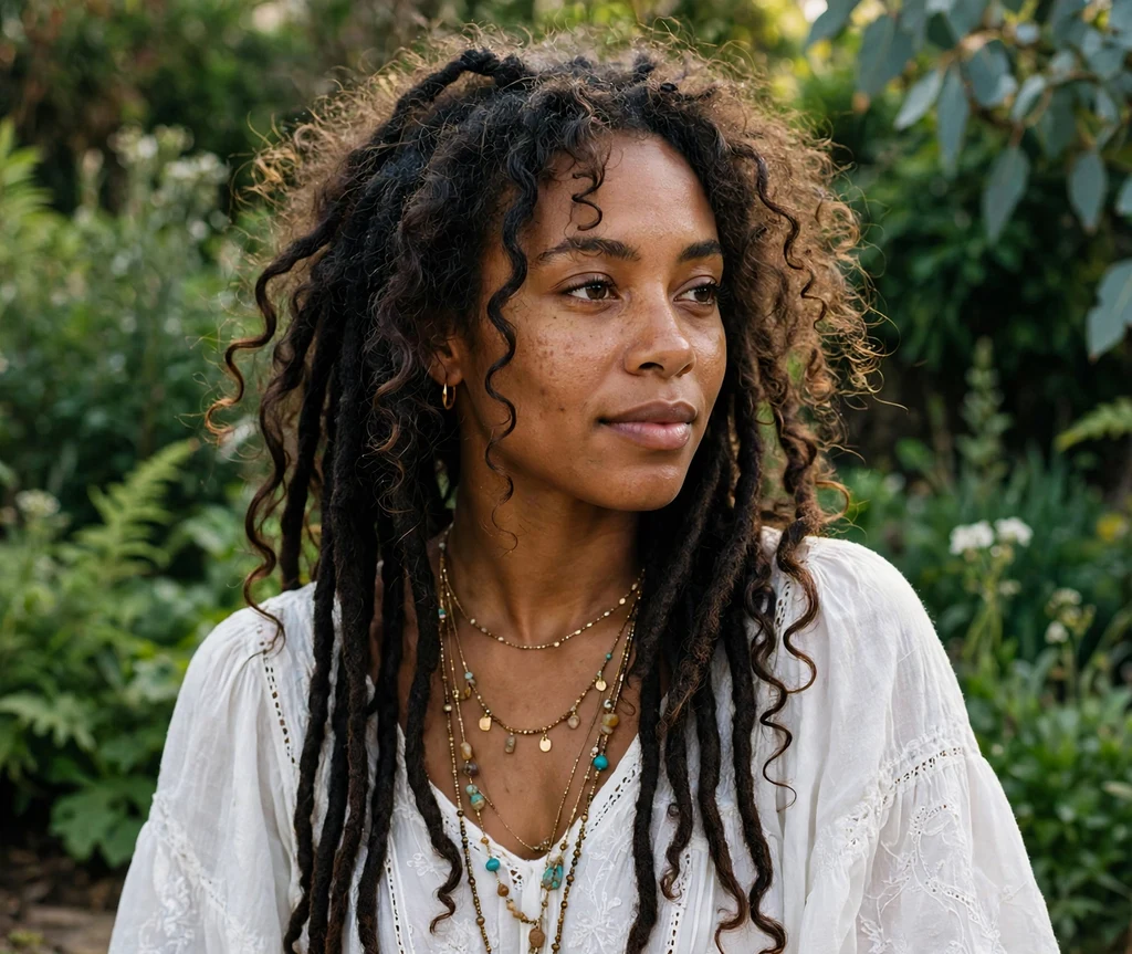Black woman with bohemian Brazilian wool locs and loose curly ends in a garden