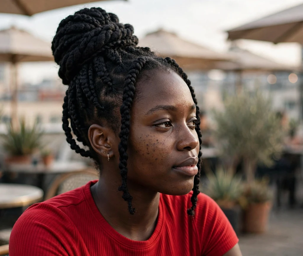Black woman in her 20s with a sleek Brazilian wool top knot updo at a rooftop café