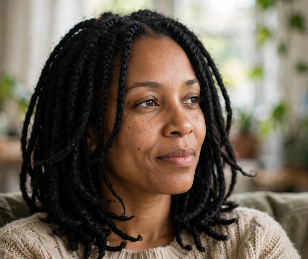Black woman with layered shoulder-length Brazilian wool braids at home