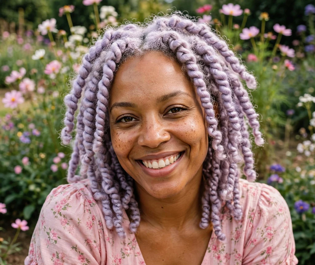 Black woman in her 30s with pastel lavender Brazilian wool twists in a flower garden