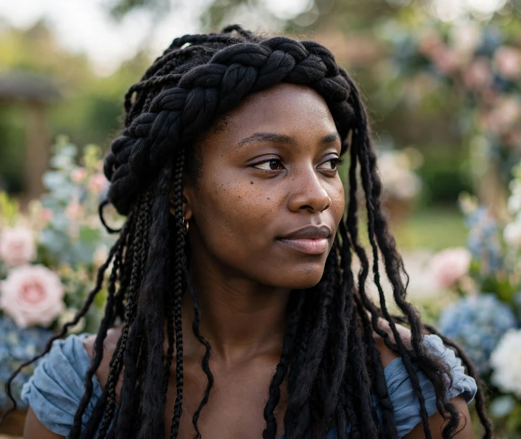 Black woman with a waterfall Brazilian wool braid crown hairstyle at a wedding