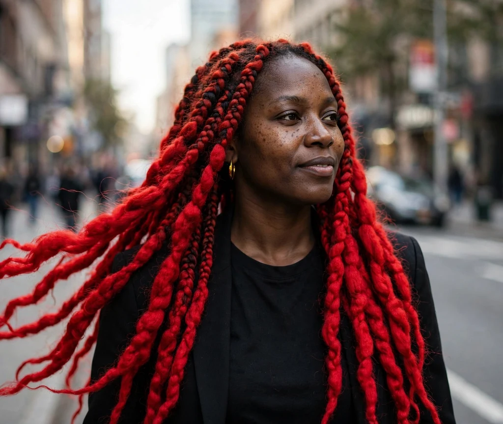 Black woman with fiery red Brazilian wool yarn braids on a city street