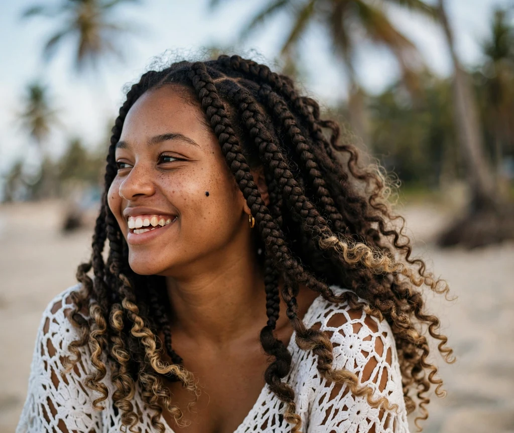 Black woman in her 20s with goddess Brazilian wool braids and curly ends at a beach