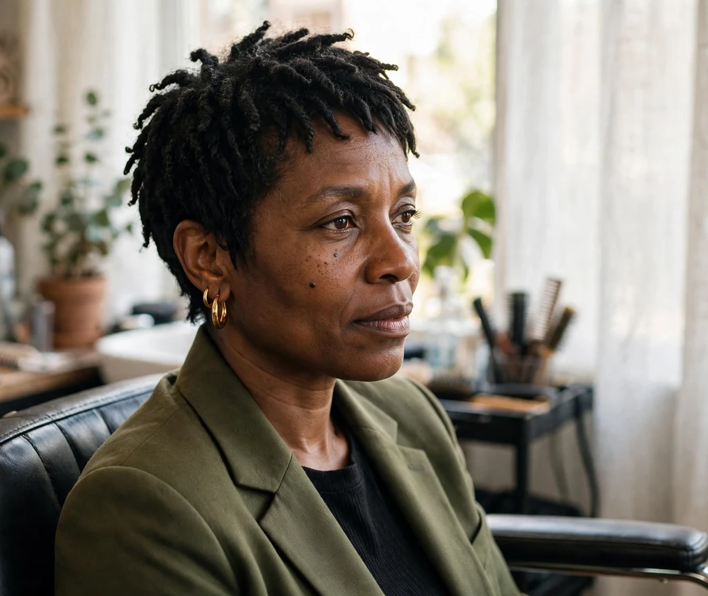 Black woman in her 40s with short pixie-style Brazilian wool twists at a salon