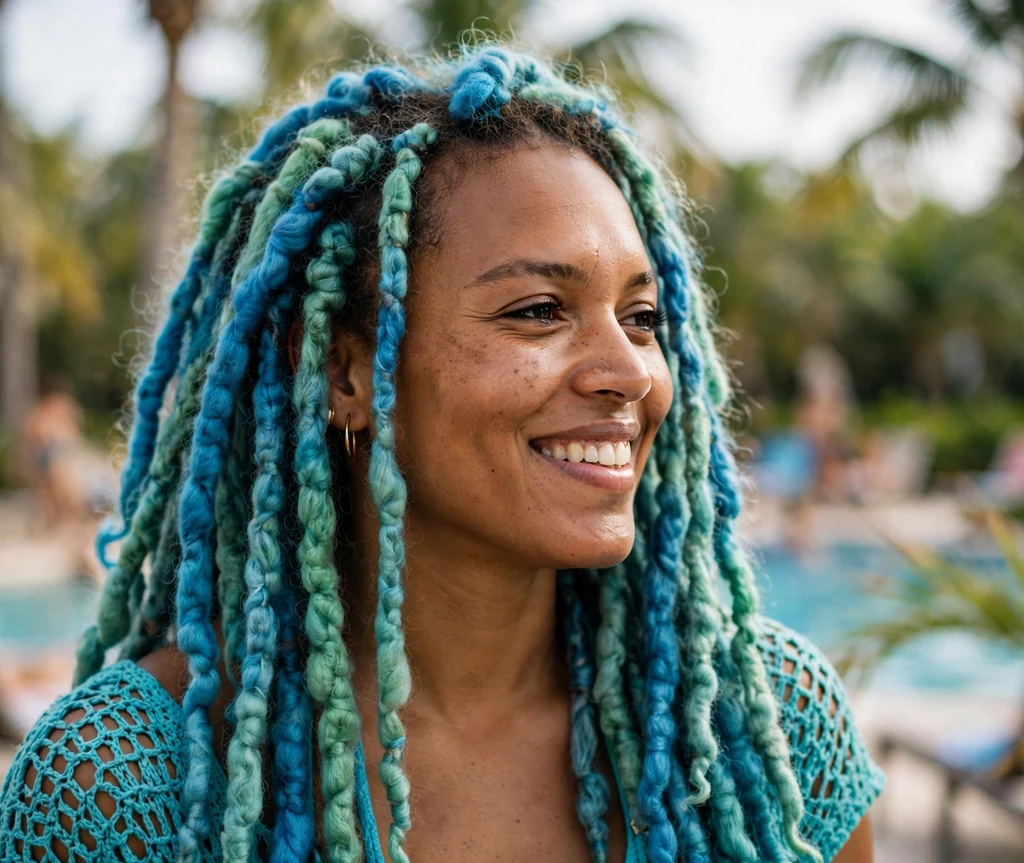 Black woman with mermaid blue and green Brazilian wool locs at a pool party