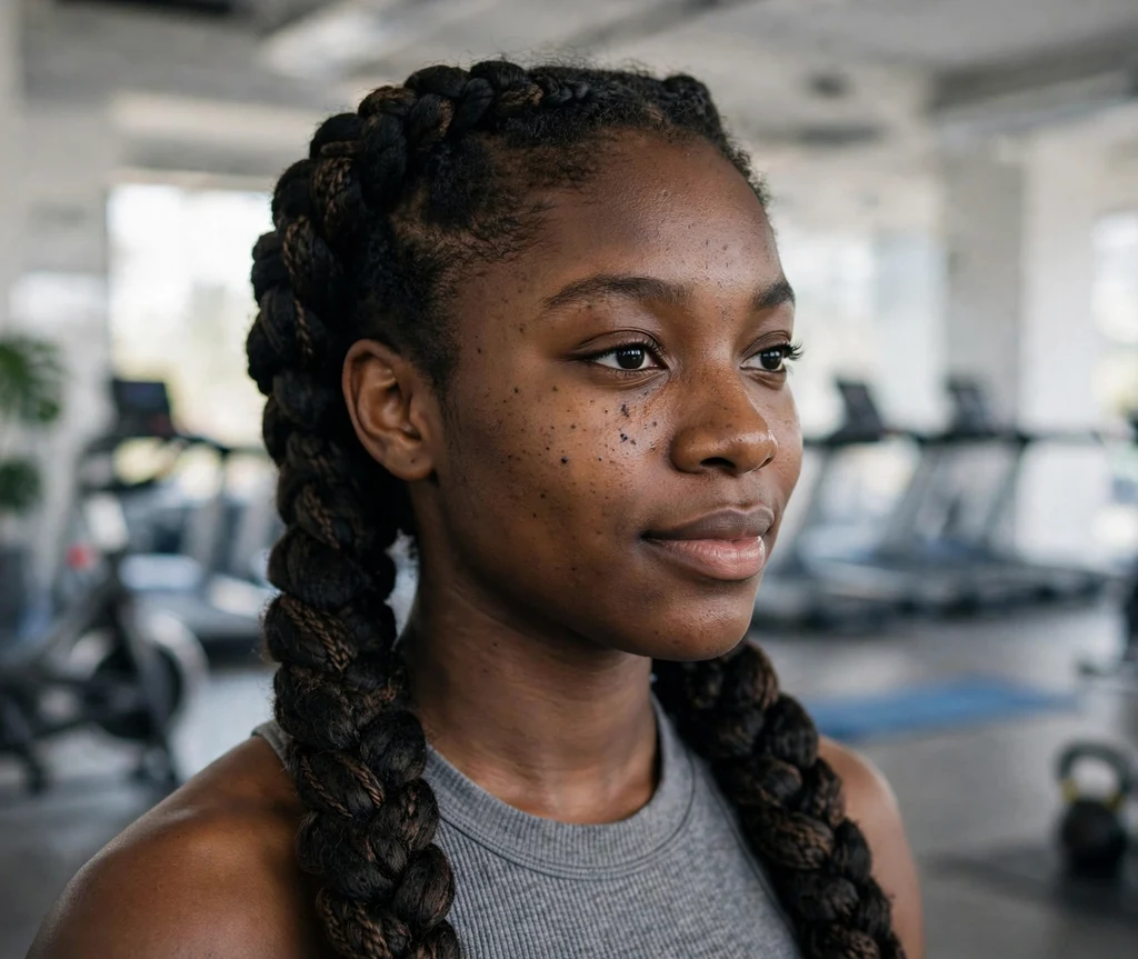 Black woman with double Dutch Brazilian wool yarn braids at a gym