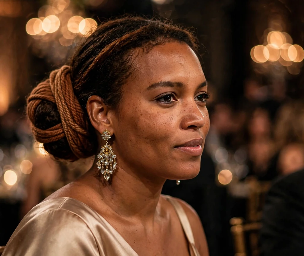 Black woman in her 30s with an elegant low bun wrapped in Brazilian wool at a gala