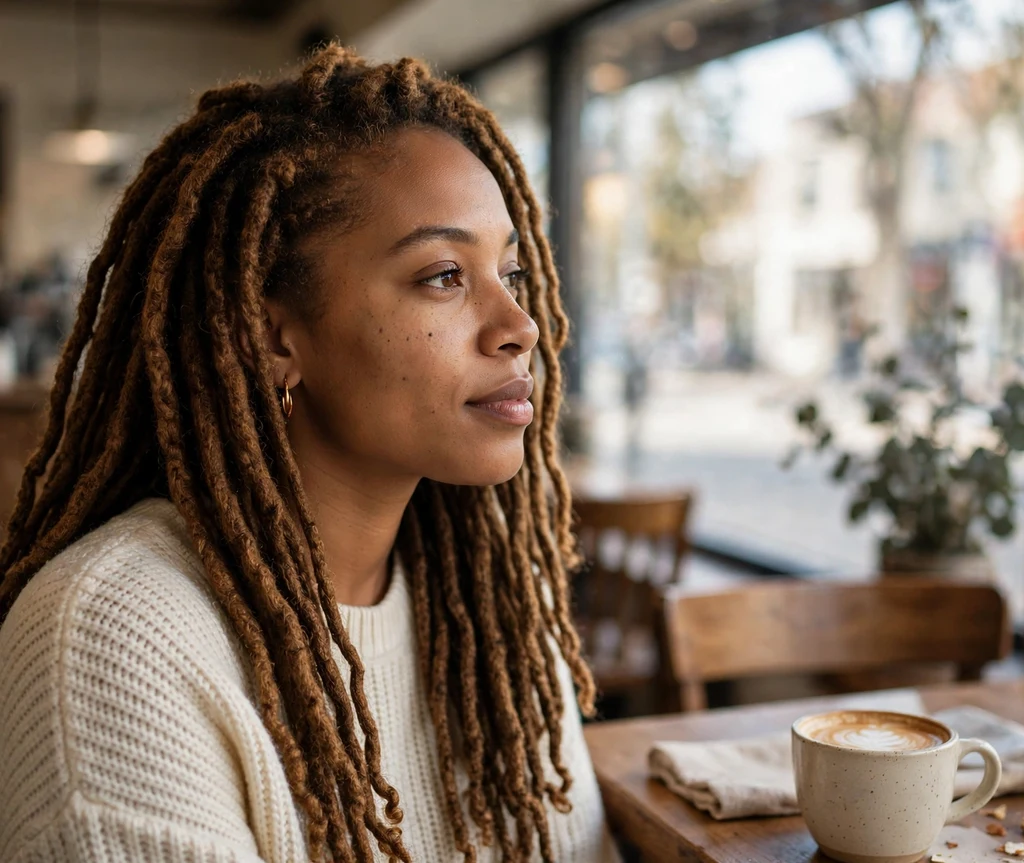 Black woman with caramel brown Brazilian wool faux locs in a coffee shop