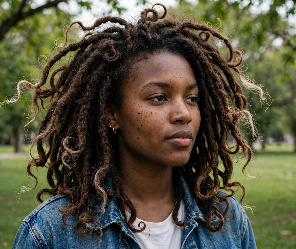 Black woman in her 20s with butterfly Brazilian wool locs and distressed ends in a park