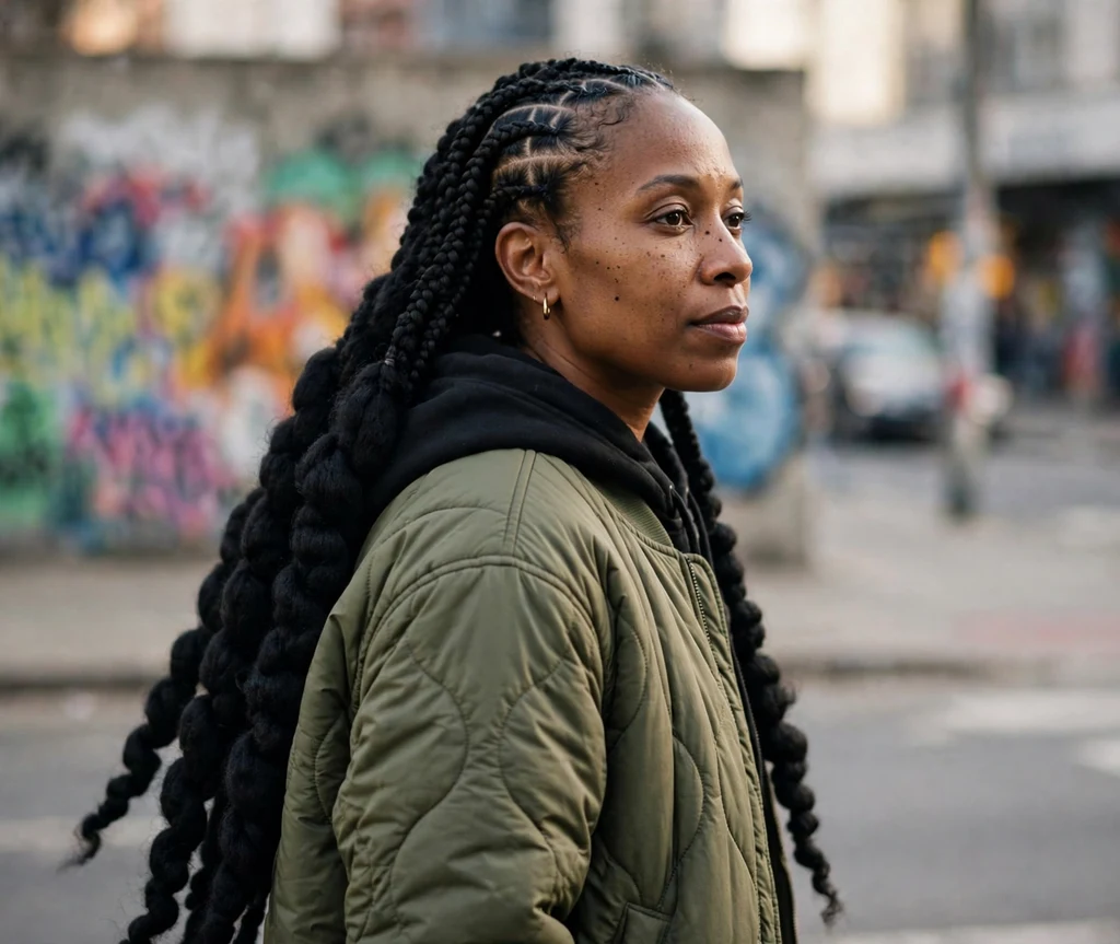 Black woman with cornrow front and Brazilian wool braid back hairstyle on a street