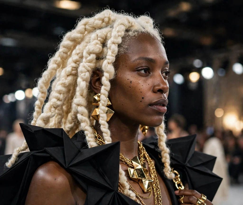 Black woman in her 30s with platinum blonde Brazilian wool twists at a fashion event