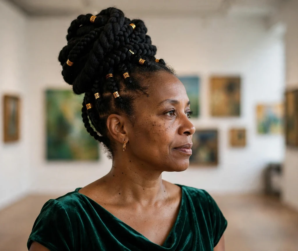Black woman in her 40s with statement high bun made of Brazilian wool braids at an art gallery