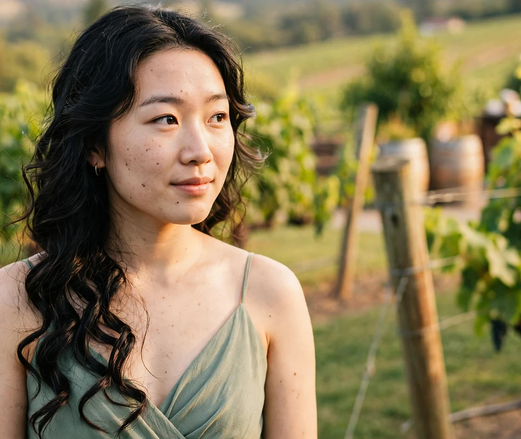 Classic loose romantic bridesmaid curls cascading over one shoulder on long black hair, sage green dress, vineyard wedding